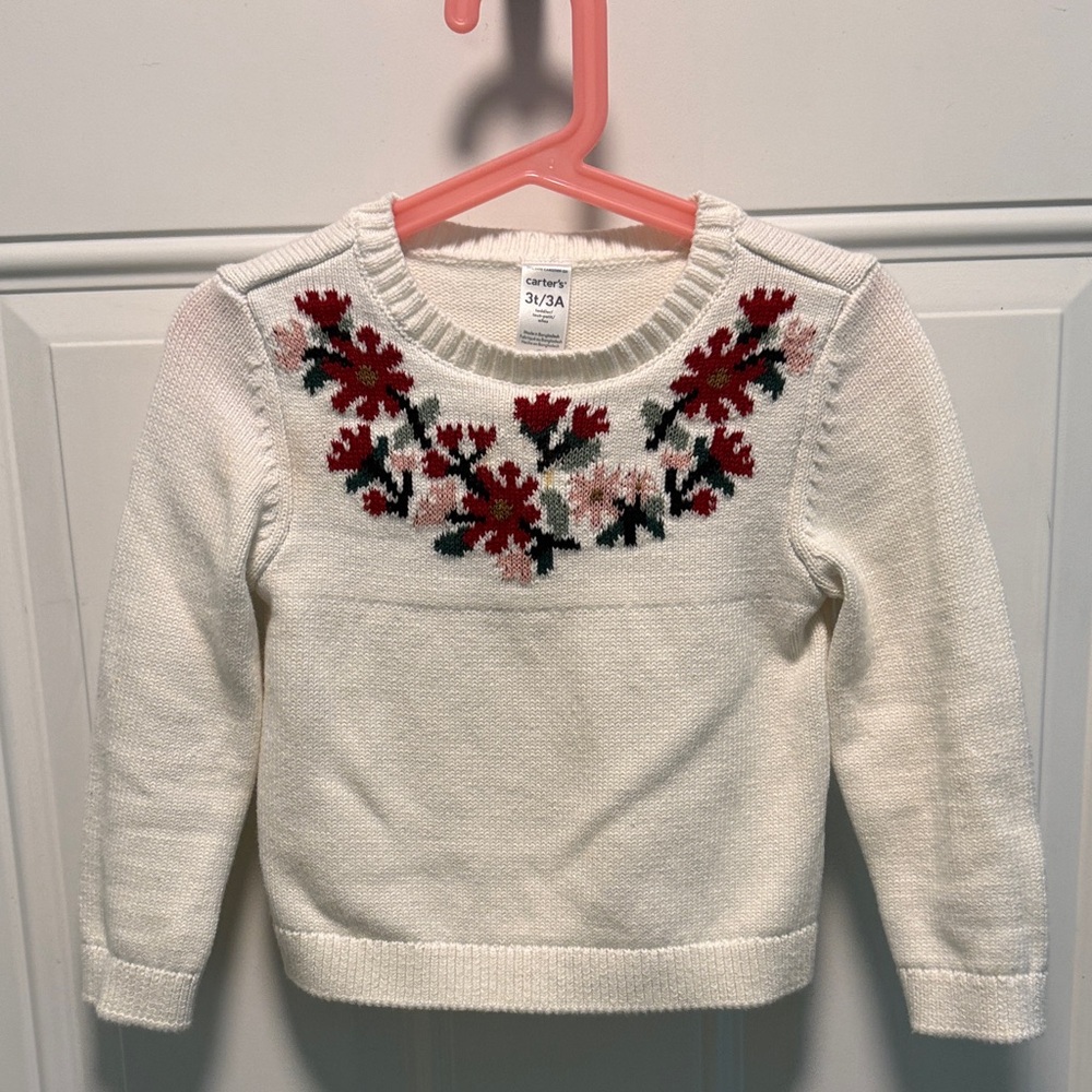 White Sweater with Red Floral Embroidery
